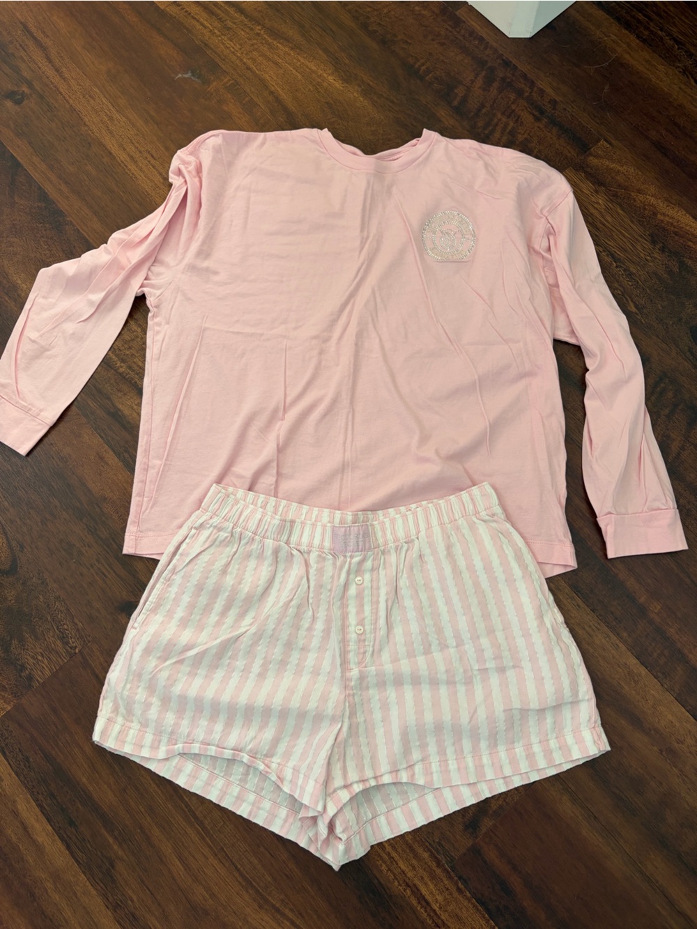 Victoria's Secret Light Pink Long-Sleeve Top with Pink & White Striped Shorts Sm